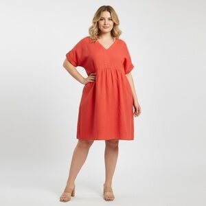 Vibrant Orange - Red Linen Blend Dress V-Neck Oversized Medium Pocketed Basic